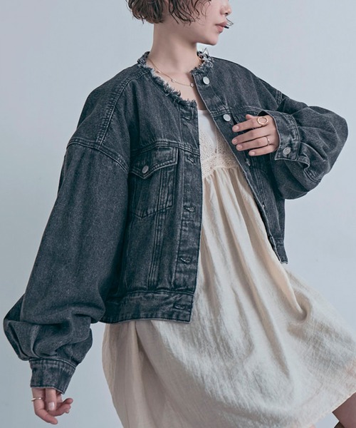 Social GIRL（ソーシャルガール）の「ボリューム袖 ショート丈 カットオフ ノーカラーデニムジャケット Gジャン（デニムジャケット・レディース・ブラック/ライトブルー/ブルー・M/L）」の14枚目の写真