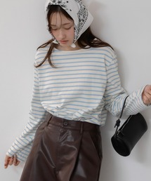 HEILIS | ベーシックボーダー長袖カットソー/韓国 オーバーサイズ シンプル カジュアル  フェミニン レッド ネイビー ブルー ライトブルー 春服 夏服 秋服 長袖 トップス ノームコア シティガール 赤トップス インナー ロンT  レイヤード(Tシャツ/カットソー)