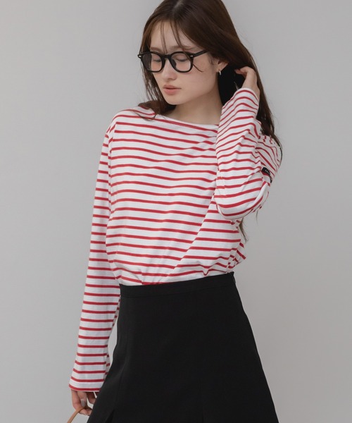 HEILIS(ヘイリス)の「ベーシックボーダー長袖カットソー/韓国 オーバーサイズ シンプル カジュアル フェミニン レッド ネイビー ブルー ライトブルー 春服 夏服 秋服 長袖 トップス ノームコア シティガール 赤トップス インナー ロンT レイヤード(Tシャツ/カットソー・レディース・ネイビー/レッド/ライトブルー/ダークブルー・FREE)」の6枚目の写真