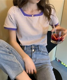 《4色展開》1枚で華奢見え&こなれ感を演出。夏服にぴったり!ビビットカラー【スクエアネック × ボーダーのパイピング上品半袖ニット】配色/バイカラー/カラーブロッキング