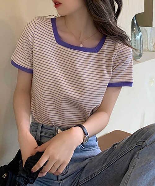 maison de LATIR(メゾンドラティール)の「《4色展開》1枚で華奢見え&こなれ感を演出。夏服にぴったり!ビビットカラー【スクエアネック × ボーダーのパイピング上品半袖ニット】配色/バイカラー/カラーブロッキング(Tシャツ/カットソー・レディース・グリーン/レッド/パープル/ベージュ・ONESIZE)」の11枚目の写真