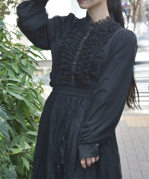 axes femme(アクシーズファム)の「チュールフリルハイネックブラウス(シャツ/ブラウス・レディース・ブラック/ミント/ホワイト・FREE)」の1枚目の写真