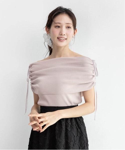 RANDA（ランダ）の「ギャザーリボンオフショルニット（ニット/セーター・レディース・ホワイト/ラベンダー/グレー/ブラック・FREE）」の5枚目の写真