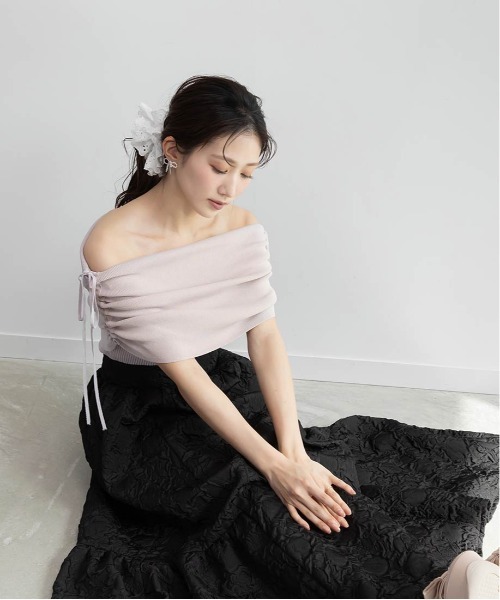 RANDA（ランダ）の「ギャザーリボンオフショルニット（ニット/セーター・レディース・ホワイト/ラベンダー/グレー/ブラック・FREE）」の8枚目の写真