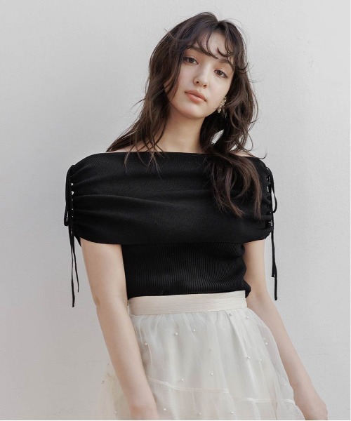 RANDA（ランダ）の「ギャザーリボンオフショルニット（ニット/セーター・レディース・ホワイト/ラベンダー/グレー/ブラック・FREE）」の15枚目の写真