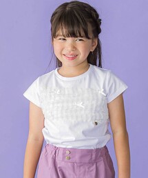 BeBe Petits Pois Vert（ベベプチポワヴェール）の「チュールリボン切り替え天竺半袖Tシャツ(95~150cm)（Tシャツ/カットソー・キッズ）」
