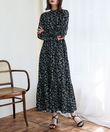 No Rule No Line（ノール－ルノーライン）の「無地／フラワープリント 長袖 ウエストゴムマキシワンピ ティアードワンピース 小花柄ワンピース 春服（ワンピース）」