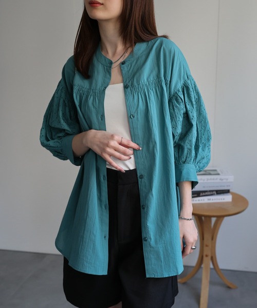 新品 タグ付 総柄 総レース ブラウス 半袖 インポート ブルー 藍