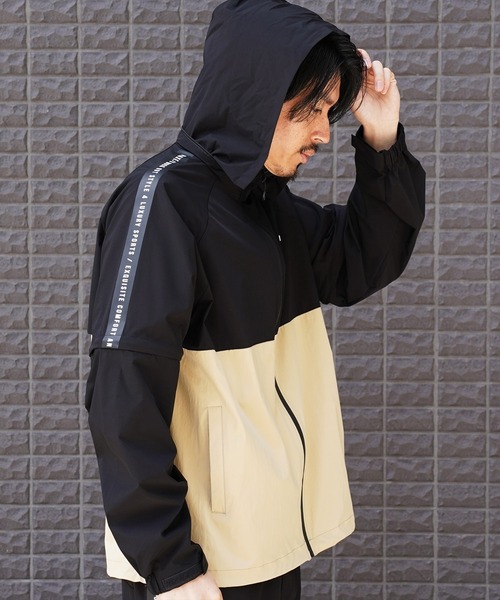 LUXE/R GOLF（ラグジュ ゴルフ）の「(RM)【LUXE/R GOLF】2レイヤー バイカラー ブルゾン+パンツ[肘・膝部分取り外し可能]（ナイロンジャケット・メンズ・ブラック×グレー/ブラック×ベージュ・L/XL/M）」の2枚目の写真