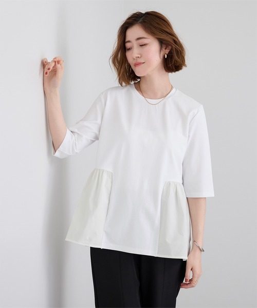 UR'S(ユアーズ)の「ウエスト切替ギャザーハーフスリーブTシャツ(Tシャツ/カットソー・レディース・ホワイト/ネイビー/チャコール/グレー/ブラック・S/L/M)」の2枚目の写真