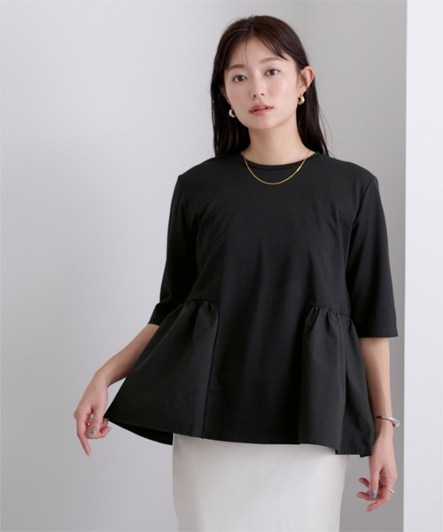 UR'S(ユアーズ)の「ウエスト切替ギャザーハーフスリーブTシャツ(Tシャツ/カットソー・レディース・ホワイト/ネイビー/チャコール/グレー/ブラック・S/L/M)」の3枚目の写真