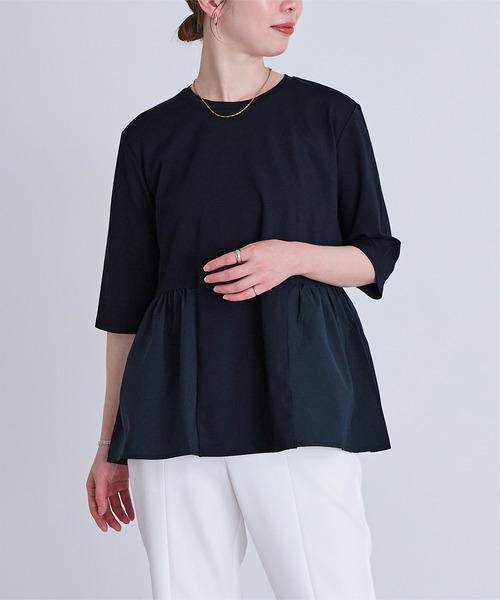 UR'S(ユアーズ)の「ウエスト切替ギャザーハーフスリーブTシャツ(Tシャツ/カットソー・レディース・ホワイト/ネイビー/チャコール/グレー/ブラック・S/L/M)」の17枚目の写真