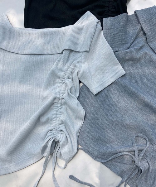 AS KNOW AS plus（アズノゥアズプラス）の「●オフショル風シャーリングデザイン半袖プルオーバー（Tシャツ/カットソー・レディース・ブラック系/シルバー系/ホワイト系/ライトグリーン系・FREE）」の9枚目の写真