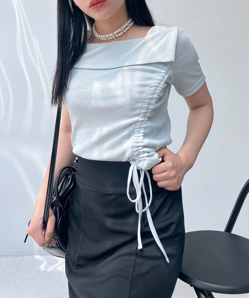 AS KNOW AS plus（アズノゥアズプラス）の「●オフショル風シャーリングデザイン半袖プルオーバー（Tシャツ/カットソー・レディース・ブラック系/シルバー系/ホワイト系/ライトグリーン系・FREE）」の19枚目の写真
