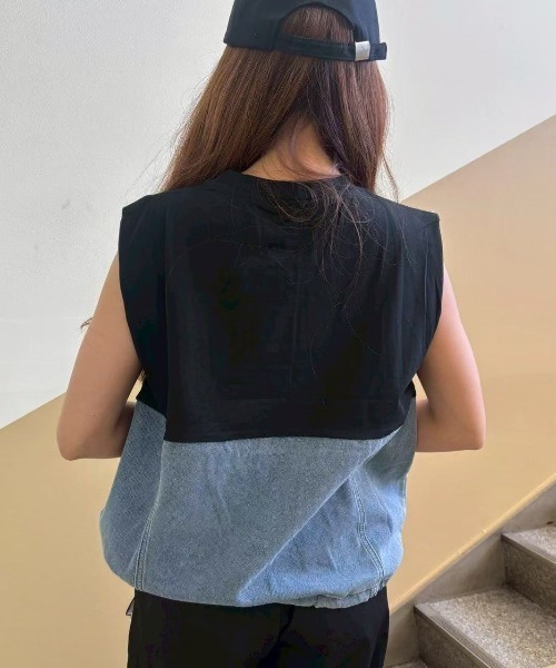tシャツ デニムドッキングMIX切り替えニット レディース セール】裾切り替え デニムドッキングトップス（Tシャツ