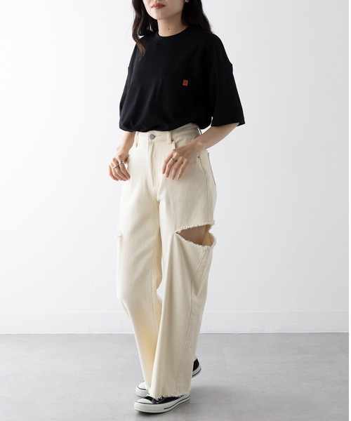 UNIVERSAL OVERALL（ユニバーサルオーバーオール）の「【UNIVERSAL OVERALL】PONTE POCKET TEE U2413211-B（Tシャツ/カットソー・レディース・ホワイト/ブラック/オートミール・S/XL/M/L）」の6枚目の写真