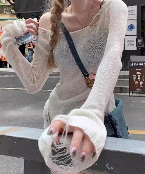 HALEY PESCA(ヘーリーペスカ)の「HALEY PESCA/2way シースルー ダメージサマーニット(ニット/セーター・レディース・グレー/ホワイト・FREE)」の5枚目の写真