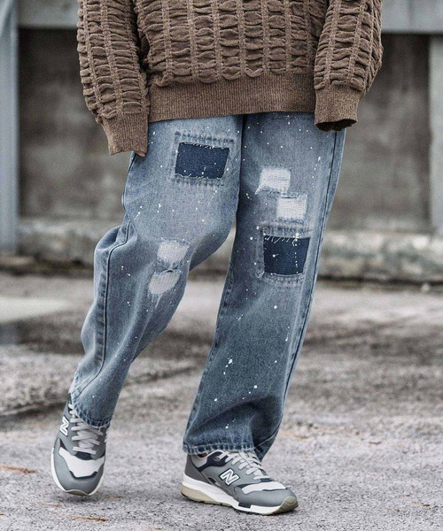 mp13855-Distressed Denim Wide Straight Pants デニムパンツ