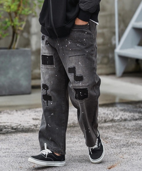 デニム・ジーパン as if calie DESTROYED BIZZO PANTS RM5B0173 mp13855-Distressed Denim Wide Straight Pants デニムパンツ