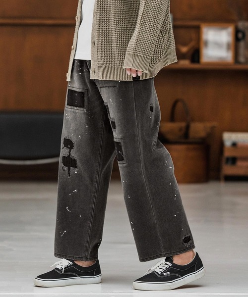 mp13855-Distressed Denim Wide Straight Pants デニムパンツ