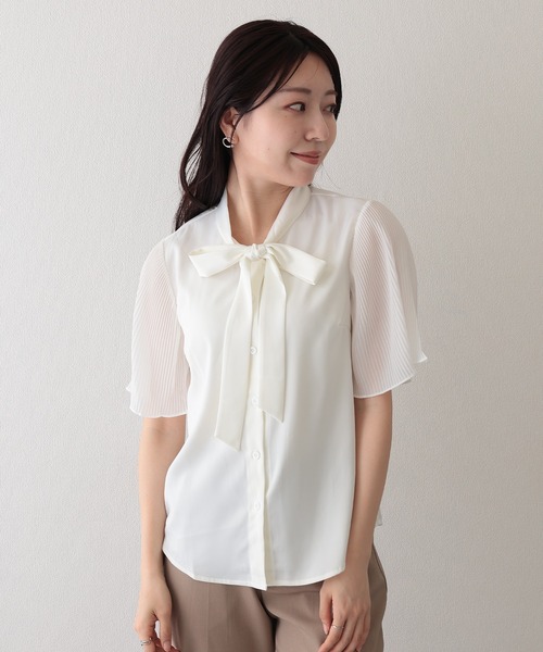 Lace Ladies(レースレディース)の「ボウタイ リボン プリーツ袖 半袖 ブラウス(シャツ/ブラウス・レディース・ホワイト・XL/M/S)」の5枚目の写真