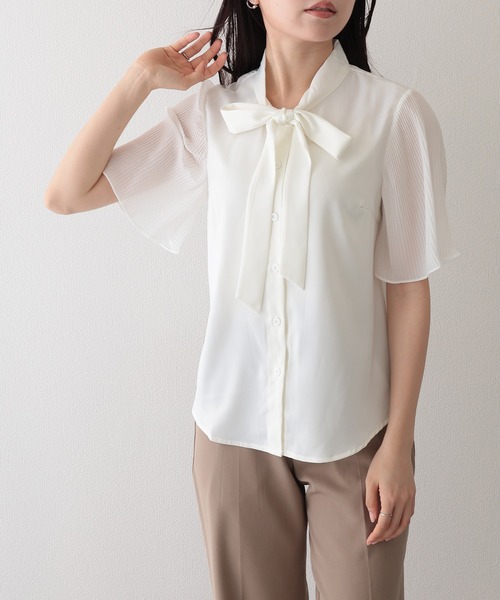 Lace Ladies(レースレディース)の「ボウタイ リボン プリーツ袖 半袖 ブラウス(シャツ/ブラウス・レディース・ホワイト・XL/M/S)」の6枚目の写真