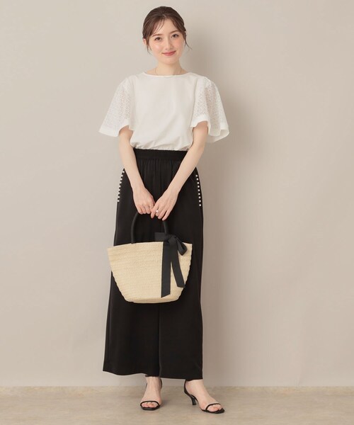 couture brooch（クチュールブローチ）の「【接触冷感・5分袖】ケミカルレースフレアスリーブトップス（Tシャツ/カットソー・レディース・ブラック/オフホワイト/グリーン系・36/38/40/42）」の4枚目の写真