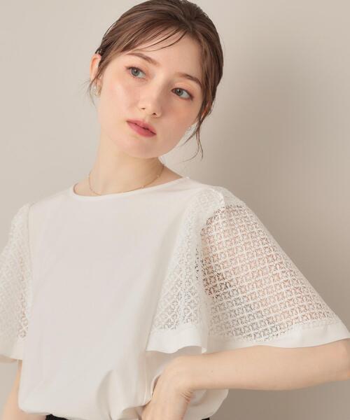 couture brooch（クチュールブローチ）の「【接触冷感・5分袖】ケミカルレースフレアスリーブトップス（Tシャツ/カットソー・レディース・ブラック/オフホワイト/グリーン系・36/38/40/42）」の8枚目の写真