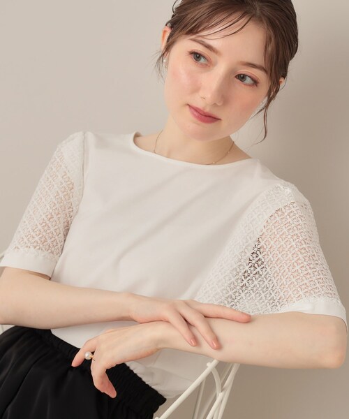 couture brooch（クチュールブローチ）の「【接触冷感・5分袖】ケミカルレースフレアスリーブトップス（Tシャツ/カットソー・レディース・ブラック/オフホワイト/グリーン系・36/38/40/42）」の9枚目の写真