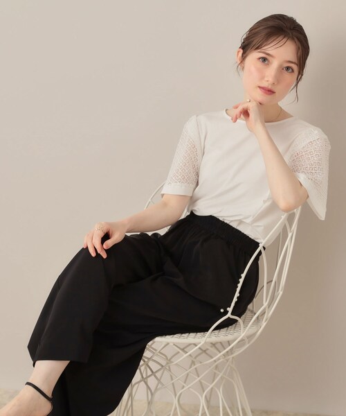 couture brooch（クチュールブローチ）の「【接触冷感・5分袖】ケミカルレースフレアスリーブトップス（Tシャツ/カットソー・レディース・ブラック/オフホワイト/グリーン系・36/38/40/42）」の10枚目の写真