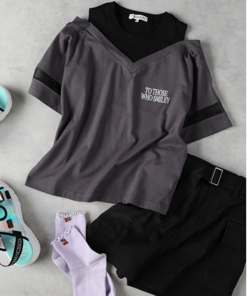 Right-on（ライトオン）の「【VIVIAN BLUE】肩あきフロッキープリントTシャツ（Tシャツ/カットソー・キッズ・ホワイト/ダークグレー/オリーブ・130/140/150/160）」の3枚目の写真