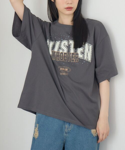 RETRO GIRL(レトロガール)の「ビジューロゴBIGTEE(Tシャツ/カットソー・レディース・オフホワイト/ブルー/チャコールグレー・FREE)」の2枚目の写真