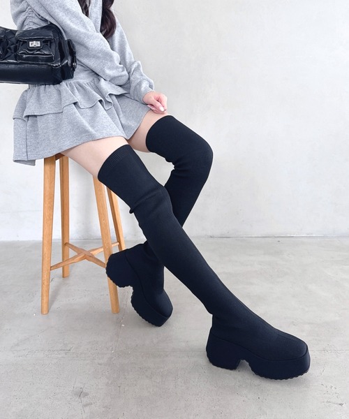 セール】ボリュームソールニーハイソックスブーツ（ブーツ）｜Loueme