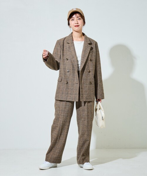 Spick&Span ウール　ヘリンボーン　チェックダブルジャケット ブラウン Spick&Span】ウール先染めダブルジャケット 金ボタン ブラウンチェック