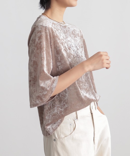 for/c（フォーシー）の「サマ見えチュールベロアハーフスリーブトップス【サスティナブル】（Tシャツ/カットソー・レディース・ベージュ/グレー/ブラウン/チャコールグレー・M/L）」の6枚目の写真