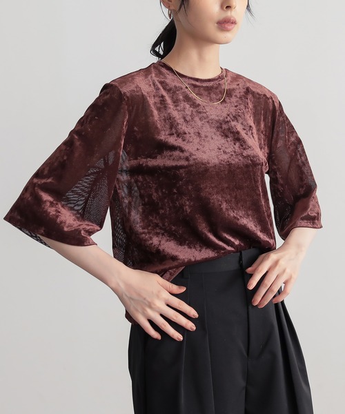 for/c（フォーシー）の「サマ見えチュールベロアハーフスリーブトップス【サスティナブル】（Tシャツ/カットソー・レディース・ベージュ/グレー/ブラウン/チャコールグレー・M/L）」の11枚目の写真