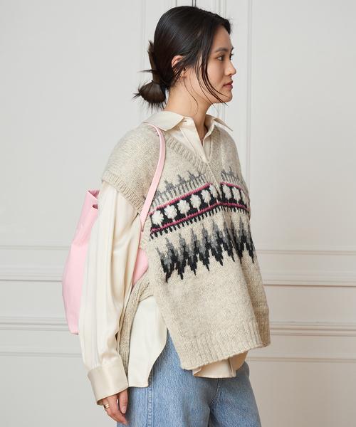 2025ss／IENA LA BOUCLE／メランジハンドニットベスト／かぎ編み IENA LA BOUCLE ノルディックハンドニットベスト（ベスト）｜IENA LA