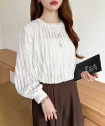 立体フリルで華やかに フリルトップス フリル シアー カットソー 長袖 フリルTシャツ オフィスカジュアル 春服 秋服