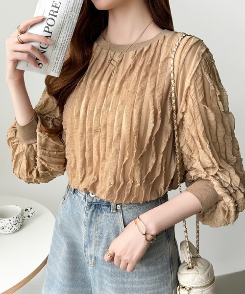 COCOMOMO(ココモモ)の「立体フリルで華やかに フリルトップス フリル シアー カットソー 長袖 フリルTシャツ オフィスカジュアル 春服 秋服(Tシャツ/カットソー・レディース・ブラック/ダークブラウン/ライトグレー/ホワイト/ネイビー/ライトブラウン・M/S/L)」の5枚目の写真