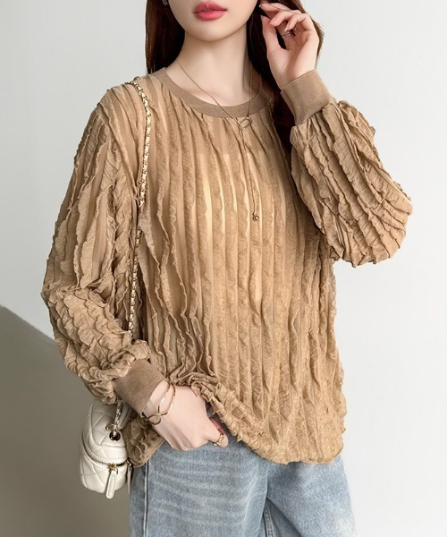 COCOMOMO(ココモモ)の「立体フリルで華やかに フリルトップス フリル シアー カットソー 長袖 フリルTシャツ オフィスカジュアル 春服 秋服(Tシャツ/カットソー・レディース・ブラック/ダークブラウン/ライトグレー/ホワイト/ネイビー/ライトブラウン・M/S/L)」の16枚目の写真