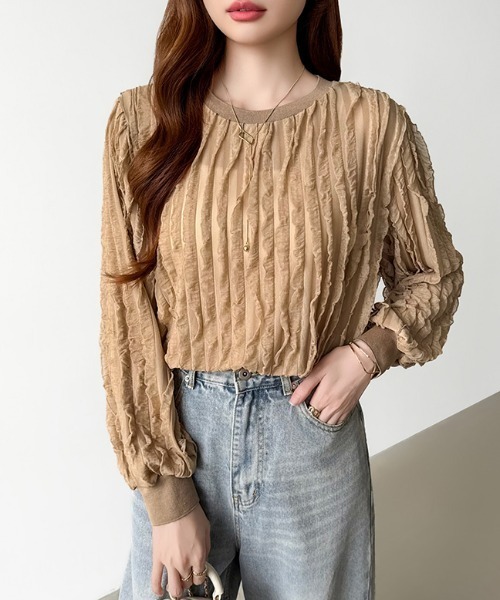 COCOMOMO(ココモモ)の「立体フリルで華やかに フリルトップス フリル シアー カットソー 長袖 フリルTシャツ オフィスカジュアル 春服 秋服(Tシャツ/カットソー・レディース・ブラック/ダークブラウン/ライトグレー/ホワイト/ネイビー/ライトブラウン・M/S/L)」の15枚目の写真