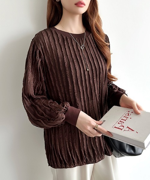 COCOMOMO(ココモモ)の「立体フリルで華やかに フリルトップス フリル シアー カットソー 長袖 フリルTシャツ オフィスカジュアル 春服 秋服(Tシャツ/カットソー・レディース・ブラック/ダークブラウン/ライトグレー/ホワイト/ネイビー/ライトブラウン・M/S/L)」の9枚目の写真