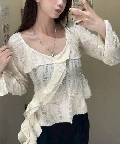 VIBGYOR（ヴィブジョー）の「【LAMPOON】フリルイレヘムブラウス（シャツ/ブラウス・レディース・グレー/アイボリー・MEDIUM/LARGE/SMALL）」の8枚目の写真