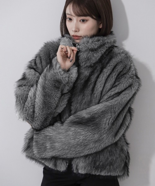 meeee訳あり nalm. mix far jacket グレー 完売品 3color 】ダブルジップスタンドカラーミックスファージャケット