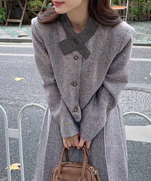 セール】2点セットアップ 配色衿ショート丈ジャケット＆タックプリーツ