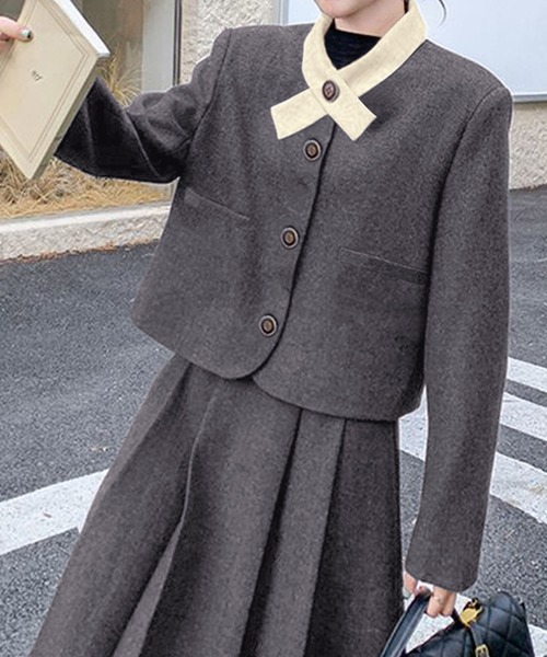 セール】2点セットアップ 配色衿ショート丈ジャケット&タックプリーツ セール】2点セットアップ 配色衿ショート丈ジャケット&タックプリーツ