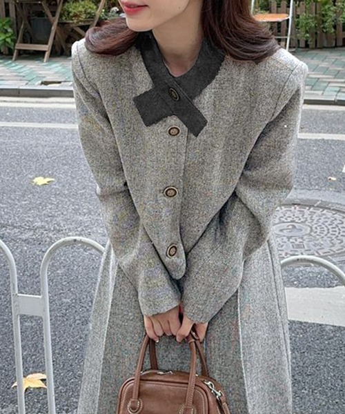 セール】2点セットアップ 配色衿ショート丈ジャケット＆タックプリーツ