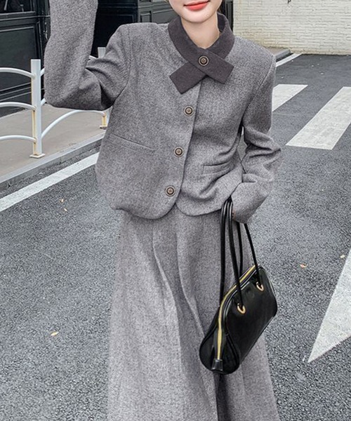 セール】2点セットアップ 配色衿ショート丈ジャケット＆タックプリーツ