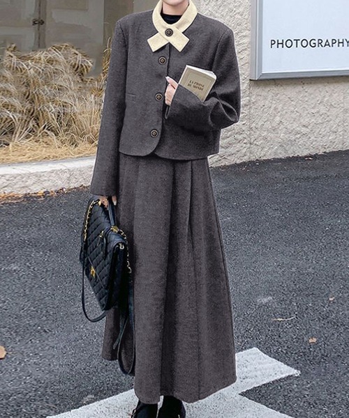 セール】2点セットアップ 配色衿ショート丈ジャケット＆タックプリーツ