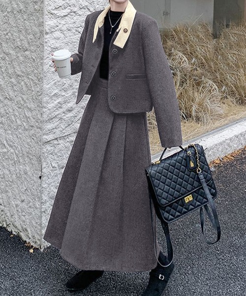 セール】2点セットアップ 配色衿ショート丈ジャケット＆タックプリーツ